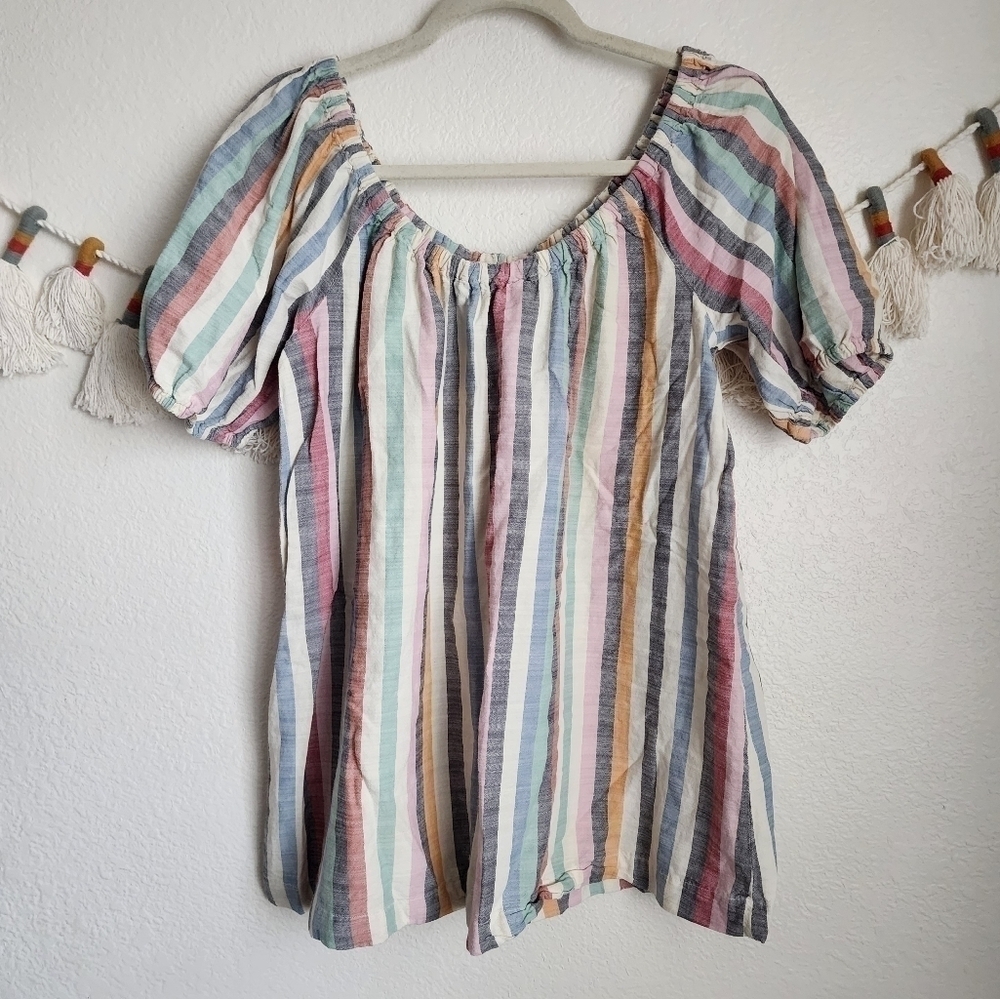 Madewell Striped Puff Sleeve Trapeze Rainbow Multicolor Top Beachy Boho Hippie S